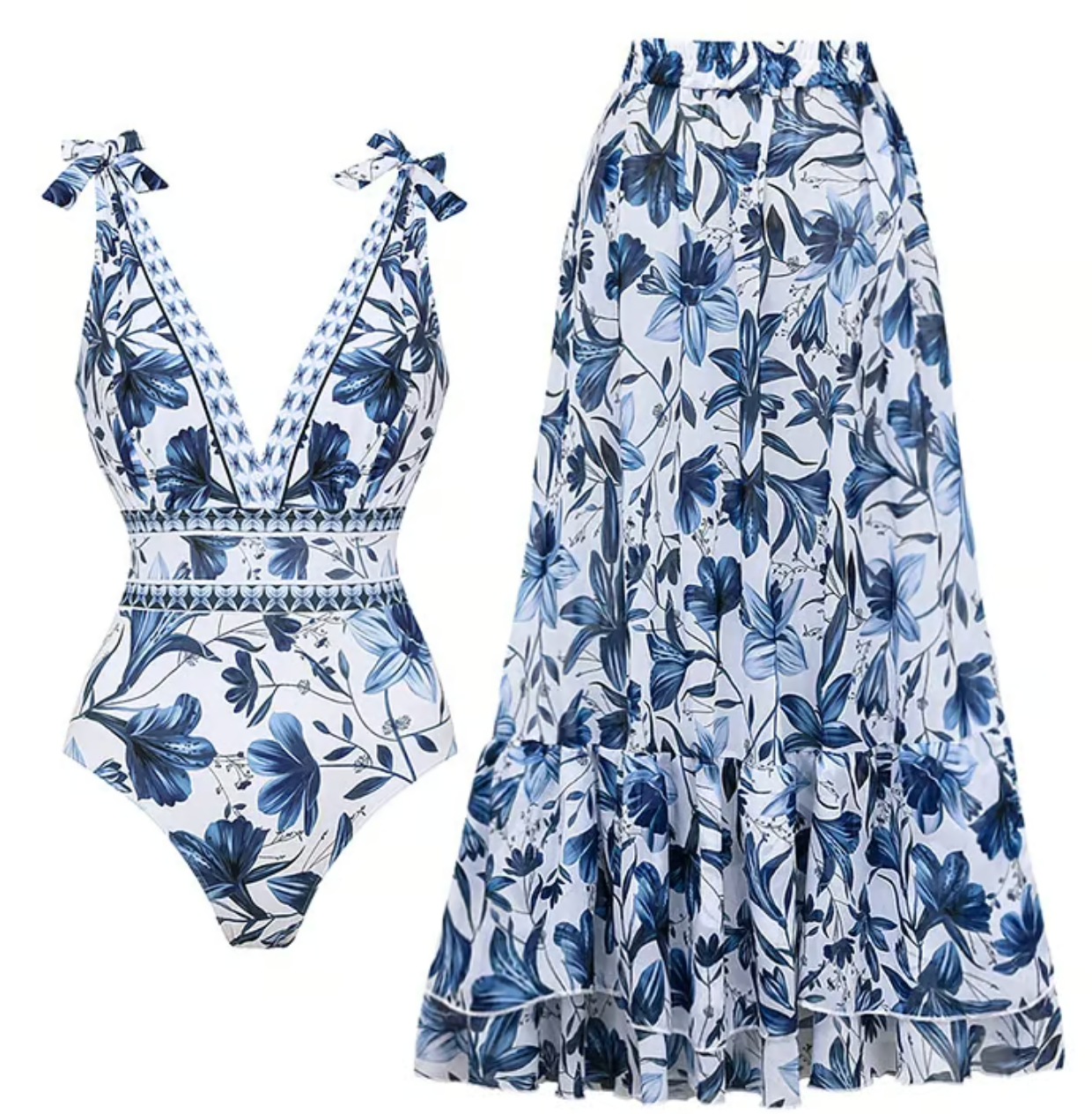 Floral Print One-Piece Swimsuit Set