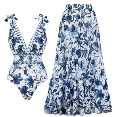Floral Print One-Piece Swimsuit Set