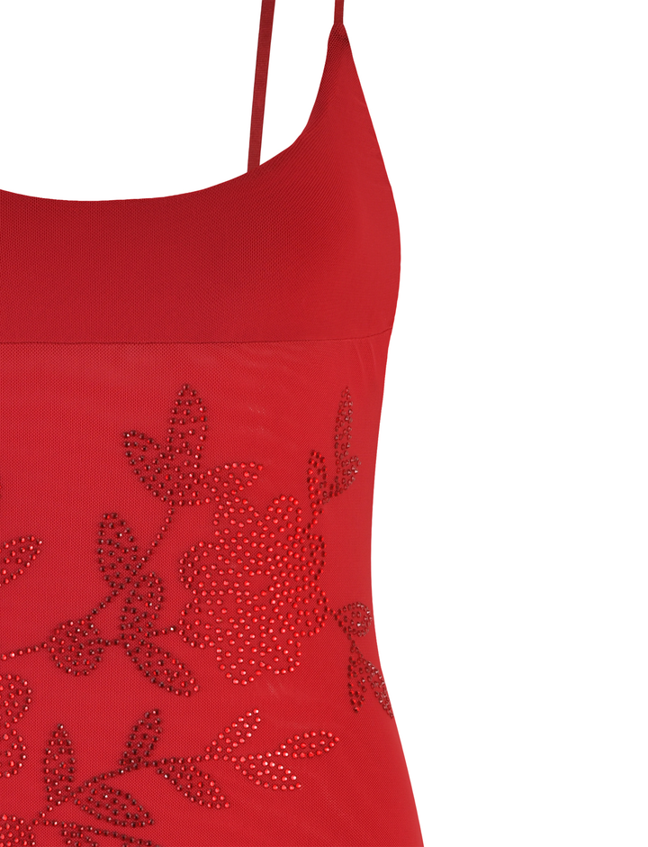 Octavia Dress Cherry Red - diamante detail close up