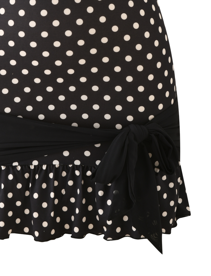 Tove Mini Dress Black Polka Dot - waist tie and ruffle detail