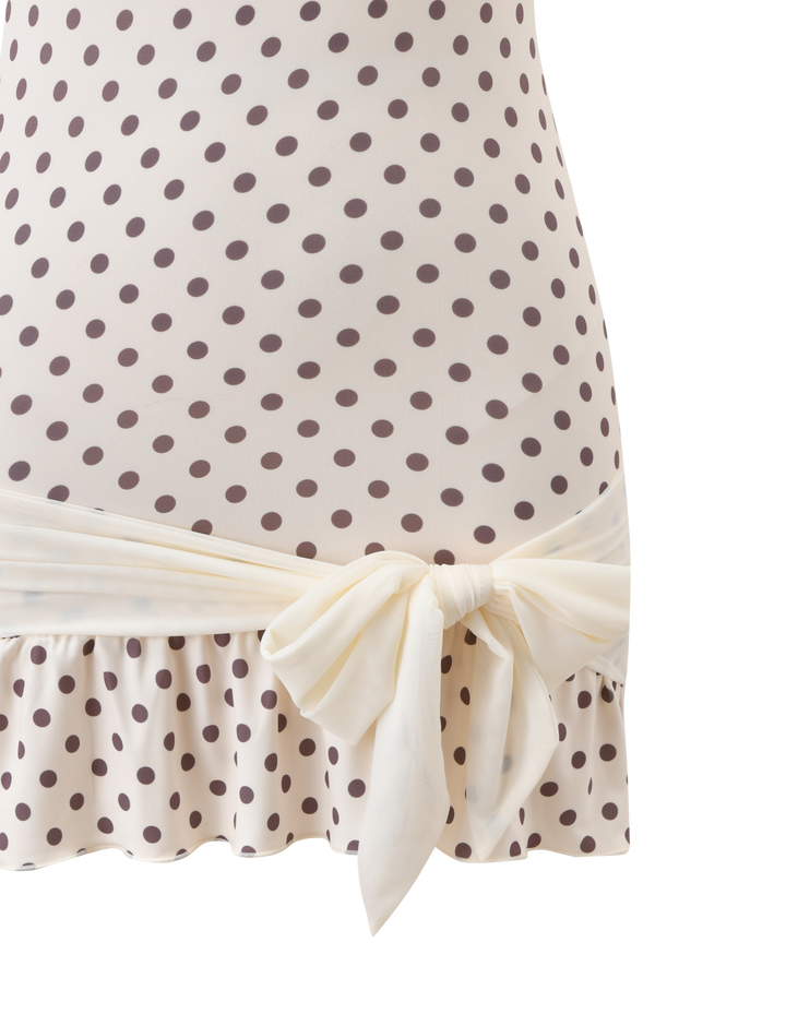 Tove Mini Dress White Polka Dot - waist sash ruffle detail close up