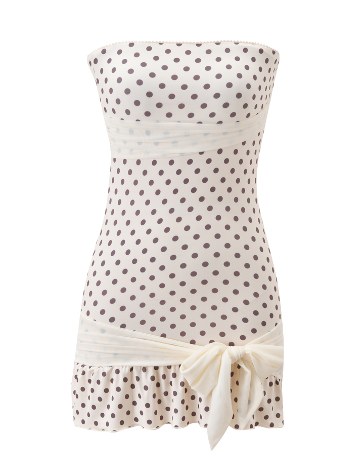 Tove Mini Dress White Polka Dot - flat lay front with bow