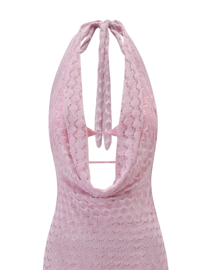 Makenzie Crochet Mini Dress Shimmer Pink - crochet fabric detail close up