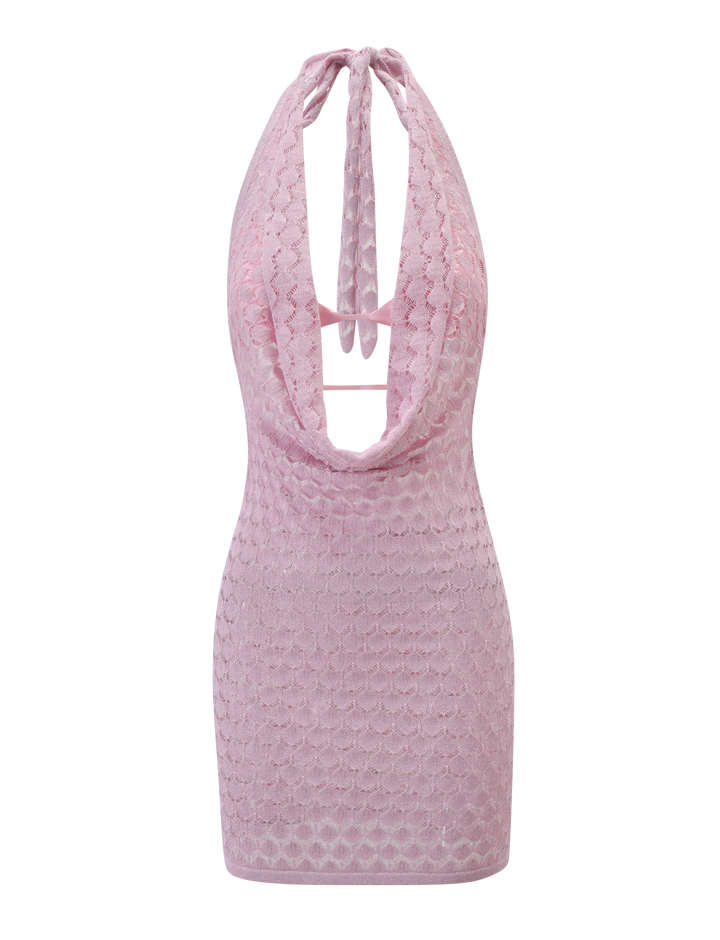 Makenzie Crochet Mini Dress Shimmer Pink - flat lay front