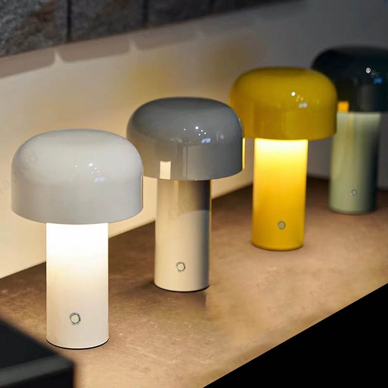 Small wireless mushroom-shaped bedside lamp.